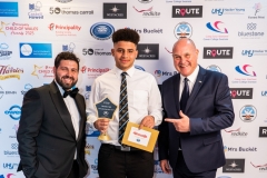 Movado Hall, Young Sporting Hero 13+ 2023, with Adam Sherief and Mike Doyle from Trade Centre Wales