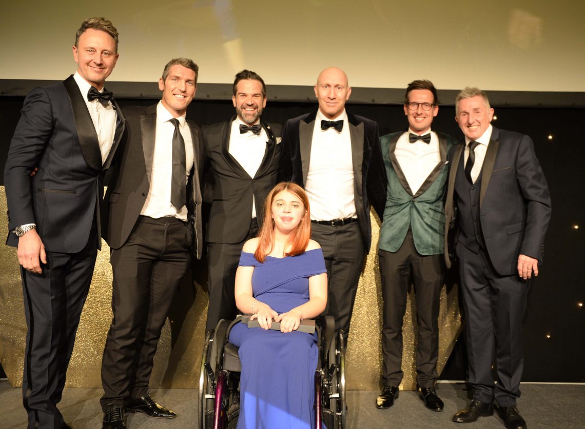 Child of Courage (13+), Abi Phillips, with Ian Waite, James Hook, Gethin Jones, Tom Shanklin, Paul James from Redkite Law LLP and Jonathan Davies OBE