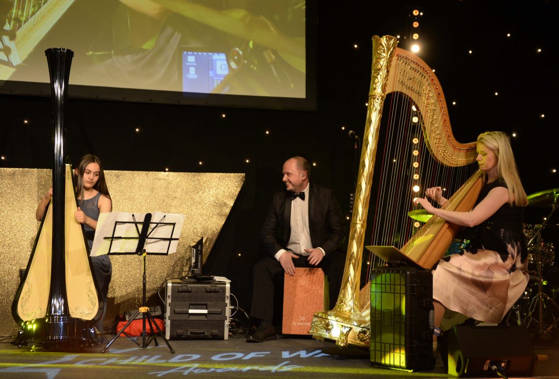 Royal Harpist, Claire Jones, with Chris Marshall and Young Performer winner, Cerys Angharad
